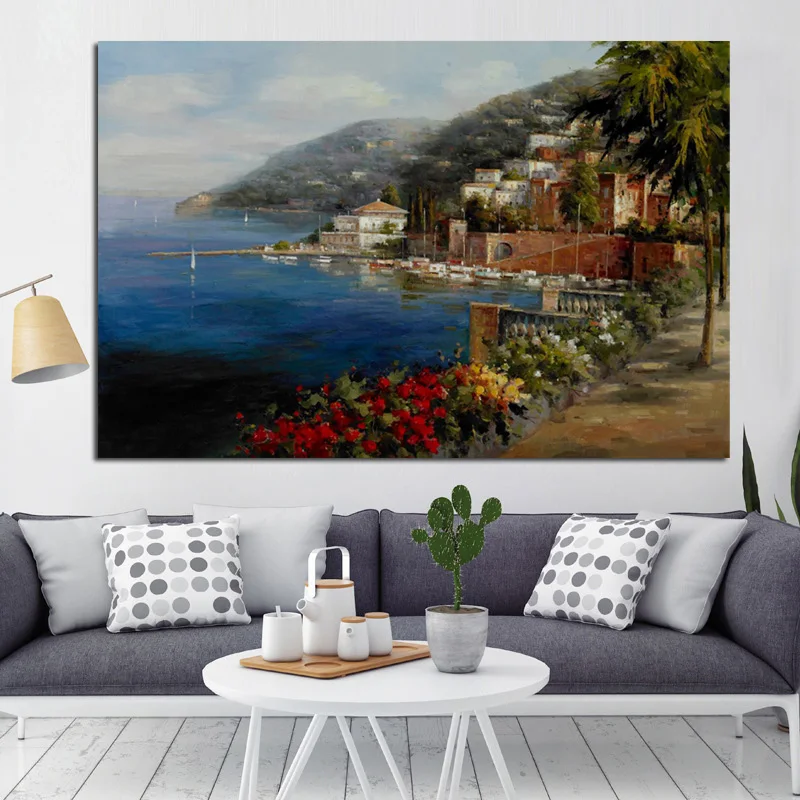Print Abstract Resort Mediterranean Seascape Garden Landscape Oil Painting on Canvas Modern Poster Wall Picture for Living Room