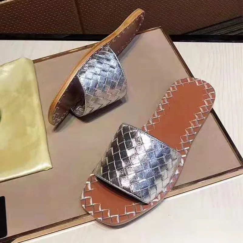 Fashion Woman Weave Slipper Black Gold Silver Cool Summer Women Beach Flat Slides Casual Slippers Sexy Open Toe Ladies Shoes