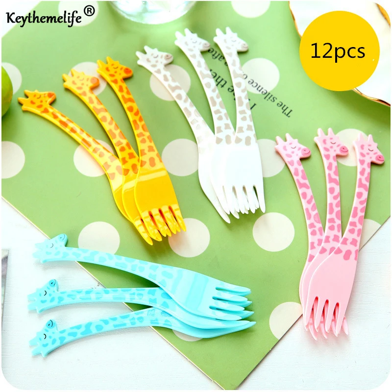 

12pcs/Pack Cartoon Food Picks Plastic Giraffe Tableware Food Fruit Fork Set for Party Mix Color B