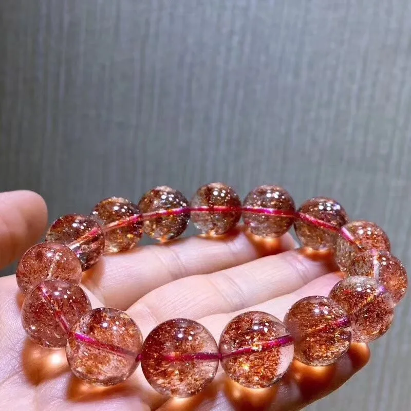 14 мм натуральный Lepidocrocite кварцевый браслет женский мужской красный супер 7 подарок круглый шарик подарок стрейч Счастливый Солнечный камень ювелирные изделия