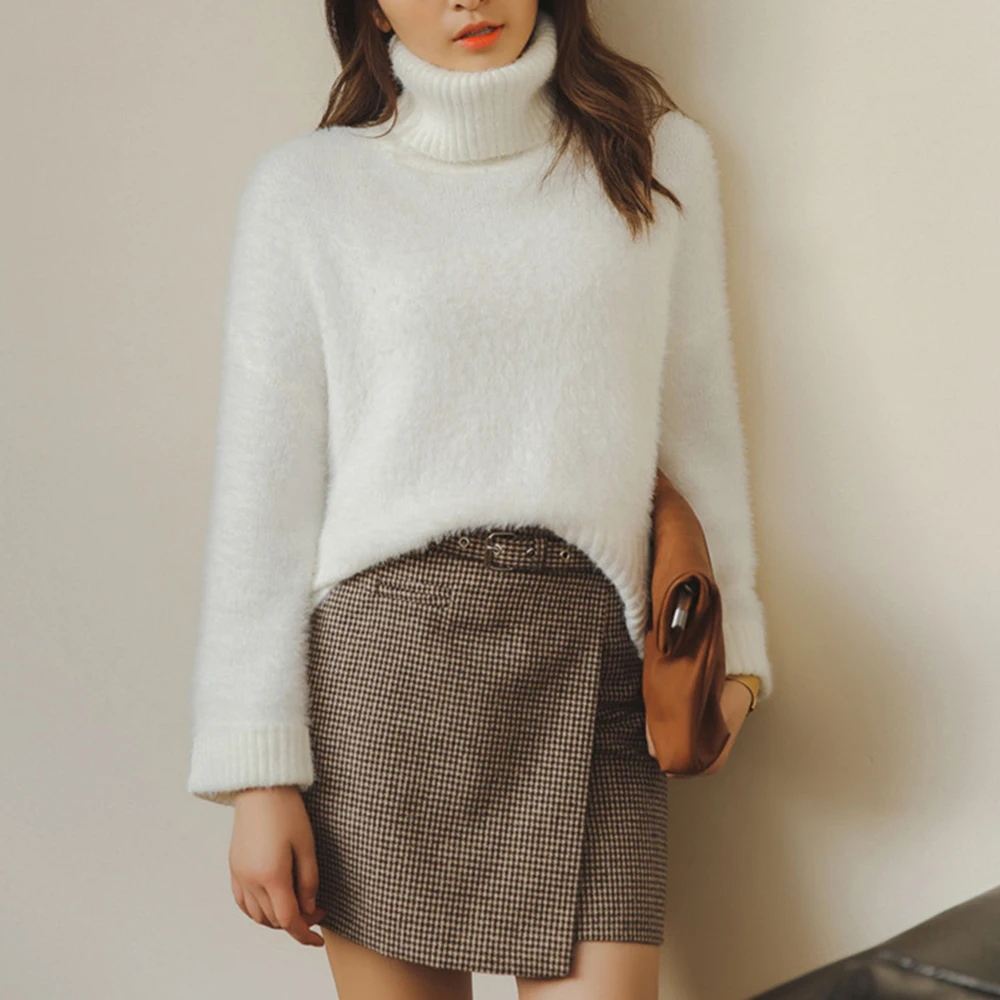 2019 Female Loose Cashmere Knit Sweater Big Sleeves Turtleneck Crop Top Pullover Women Winter Thicken Warm Knitwear Wool | Женская