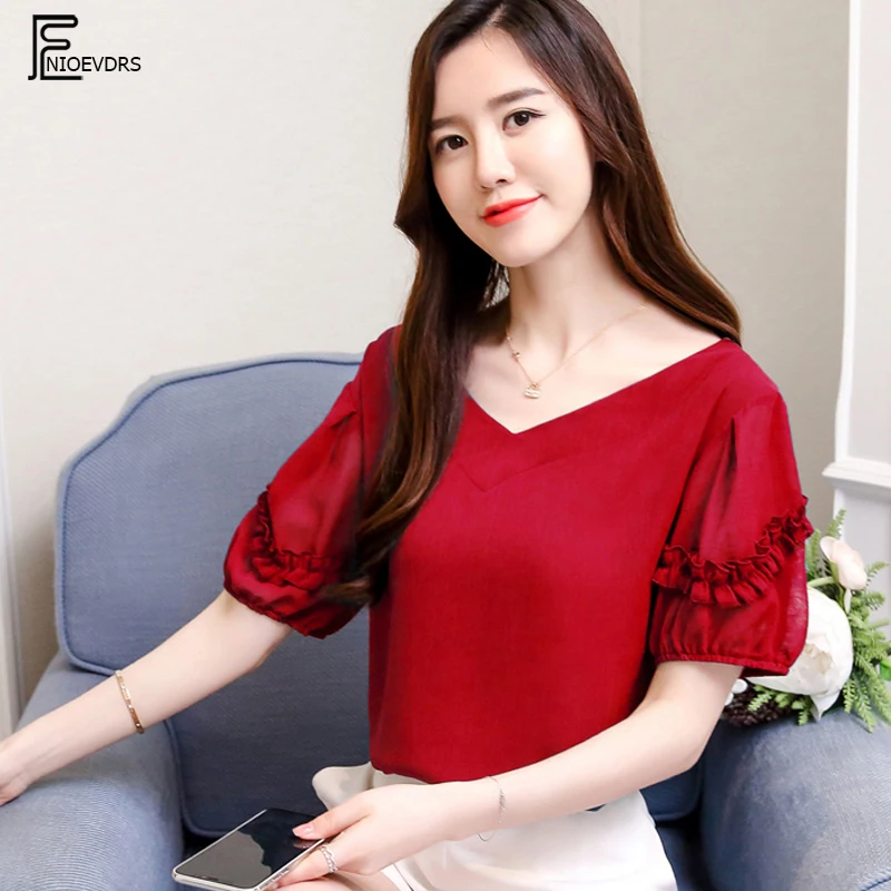 

Chiffon Blouses Shirts Women Fashion Summer Casual V Neck Tops Office Lady Elegant Green Red White Purple Chiffon Top Blouse