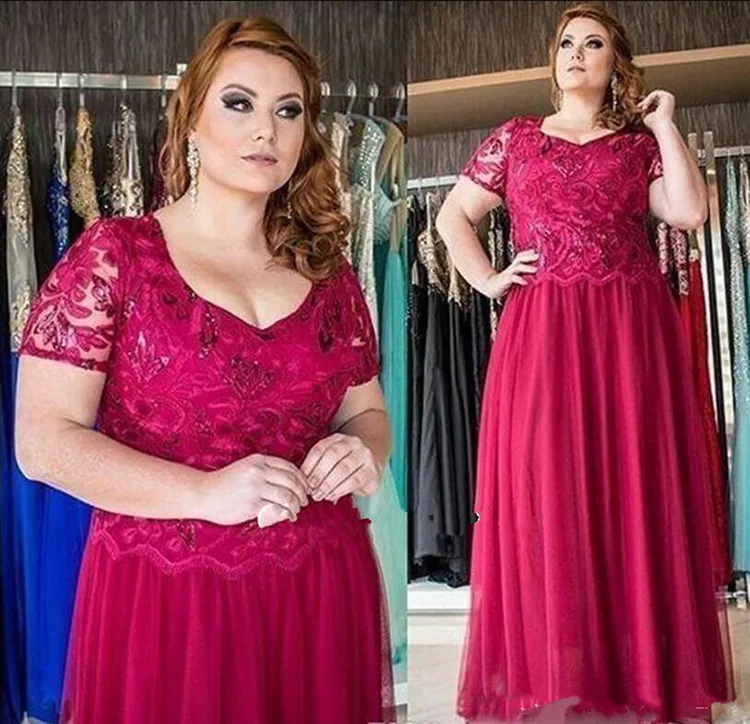 

Custom Made Modest Mother Of The Bride Dresses with Short Sleeves Zipper Back V Neck Floor Length Prom Dress For Elegant Ladies