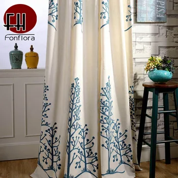 

Modern Blue Plant Curtains For Living Room Blackout Curtains For Bedroom Embroidered Thick Drapes Cotton Linen Fabric Single