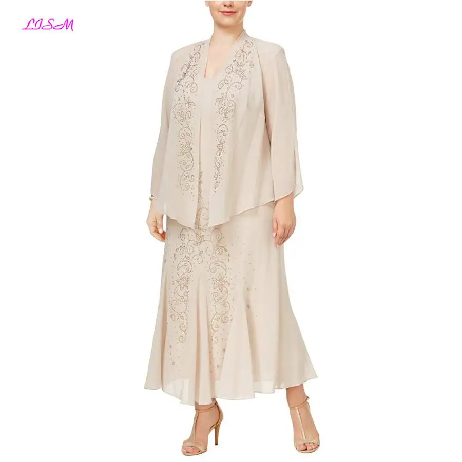 Plus Size Beaded Mother of the Bride Dress with Jacket Chiffon Dinner Dresses for Women Long Mother Dresses for Wedding