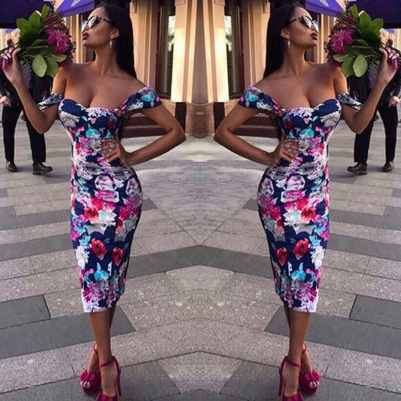 Bigsweety مثير قبالة الكتف قصيرة الأكمام حزب اللباس ضئيلة مرونة الطباعة BodyconDresses المرأة الصيف ضمادة اللباس Vestidos