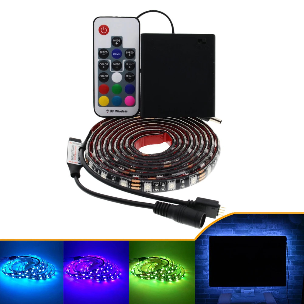 

RGB 5050 LED Strip lights Black PCB Led Lighting Backlight Remote For TV Background with AA batteries box