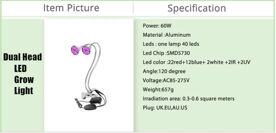 Dual Head полный Specturm светодио дный светать 60 Вт стол клип лампа с 360 градусов гибкой светодио дный растений лампы для роста комнатных растений