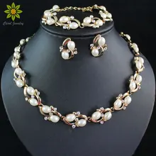 Модные Изящные имитация жемчуга Свадебные Кристалл Цепочки и ожерелья Браслет Серьги золотого и серебряного цвета покрытием костюм Бусины Ювелирные наборы