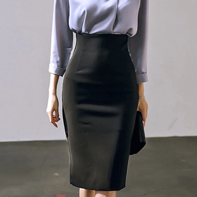 

Foamlina Elegant Ladies Office Pencil Skirt 2018 New Autumn Black High Waist Knee Length Back Slit Women's Business Work Skirt