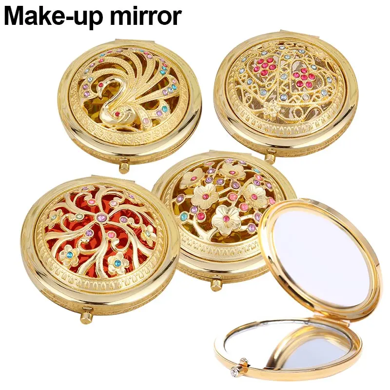 Складывающееся зеркало круглый компактный двухсторонний кристалл полый макияж зеркала золотой цвет для леди Макияж инструмент H7JP