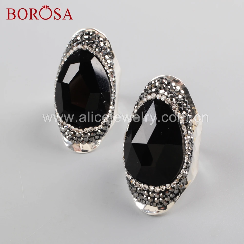 

BOROSA 5PCS Fashion Gold/Silver Color Rhinestone Paved Black Agates Faced Stone Ring Druzy Rings Party Jewelry for Women JAB954