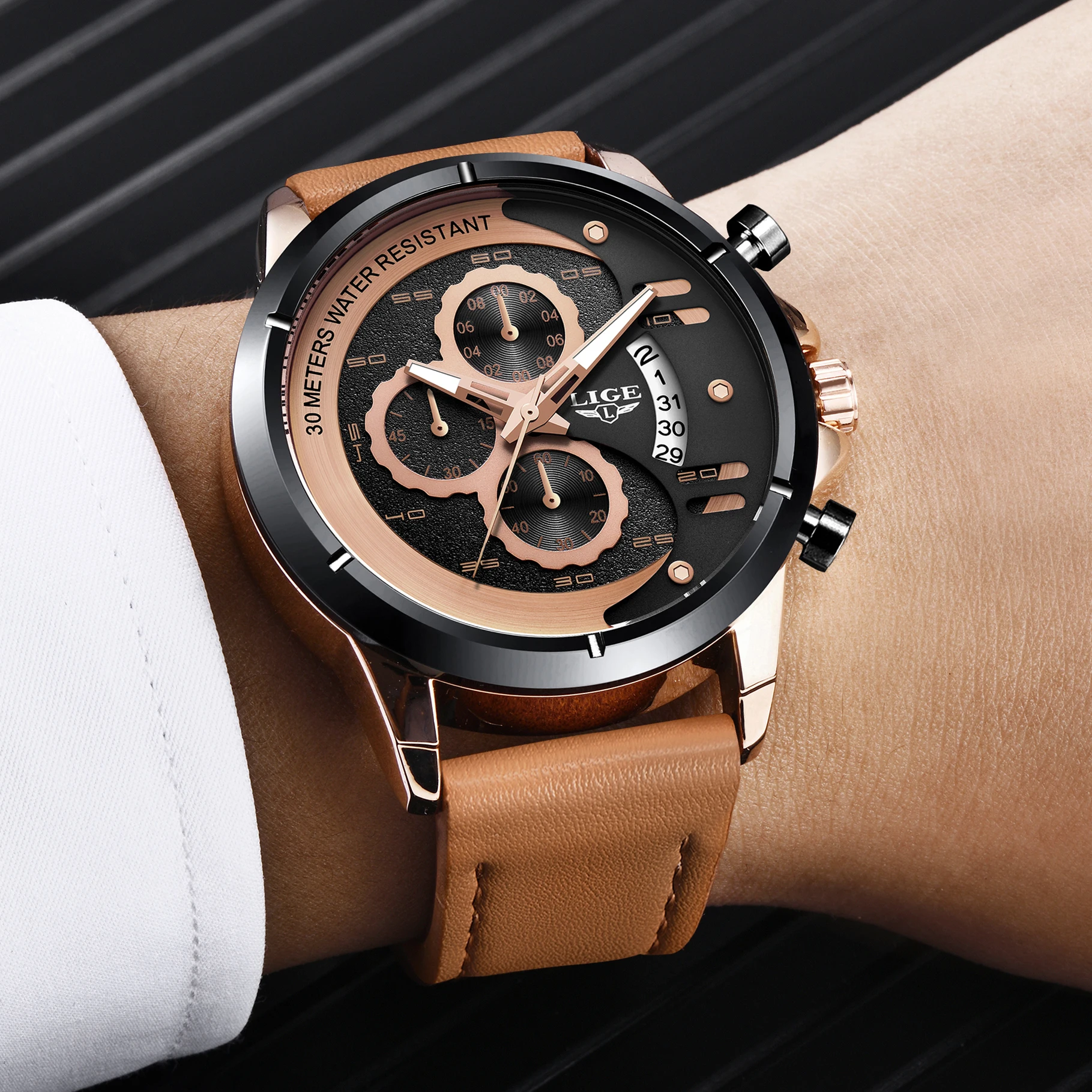 LIGE Mens Watches Top Brand Luxury Quartz Gold Watch Men Casual Leather Military Waterproof Sport W