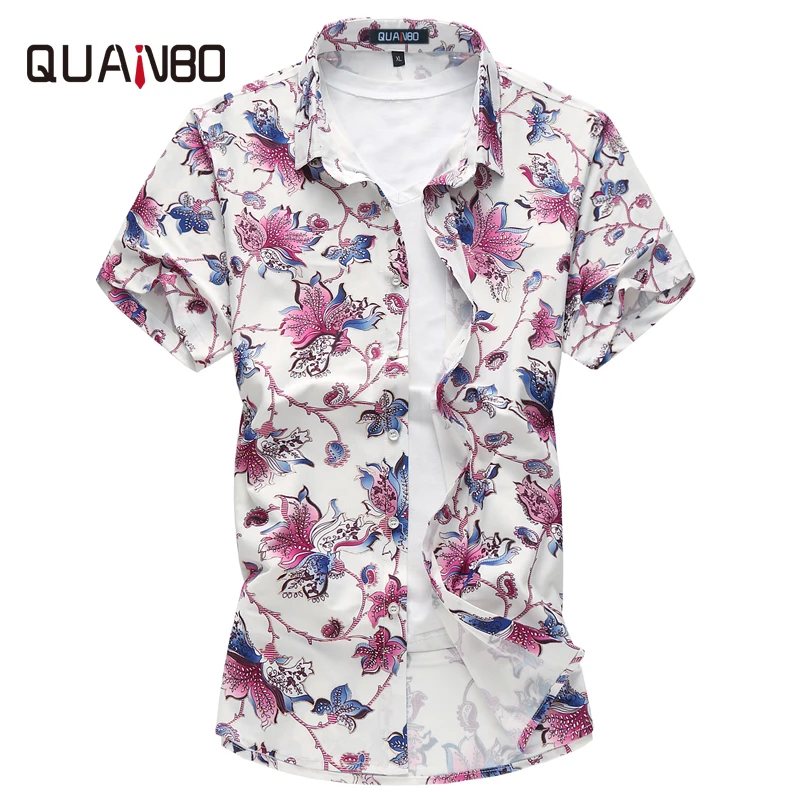 

M-7XL Plus size Men's Shirts QUANBO Brand Clothing 2018 New Arrival Summer Short Sleeve Floral Shirt Casual Hawaiian shirt