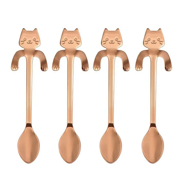 Special Price Cute cat shaped stainless steel coffee, tea, sugar and cake 4 spoons (multicolored) (rose gold)