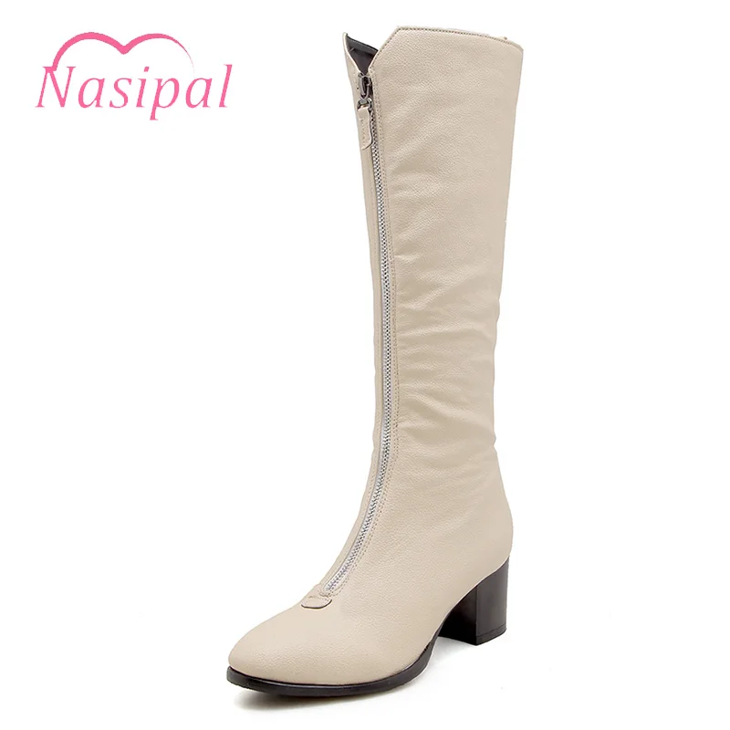

Nasipal Chunky High Heel Pointed Tie Zipper Botas Femininas Black White Beige Knee High Boots Motorcycle Boots Martin Boots M693