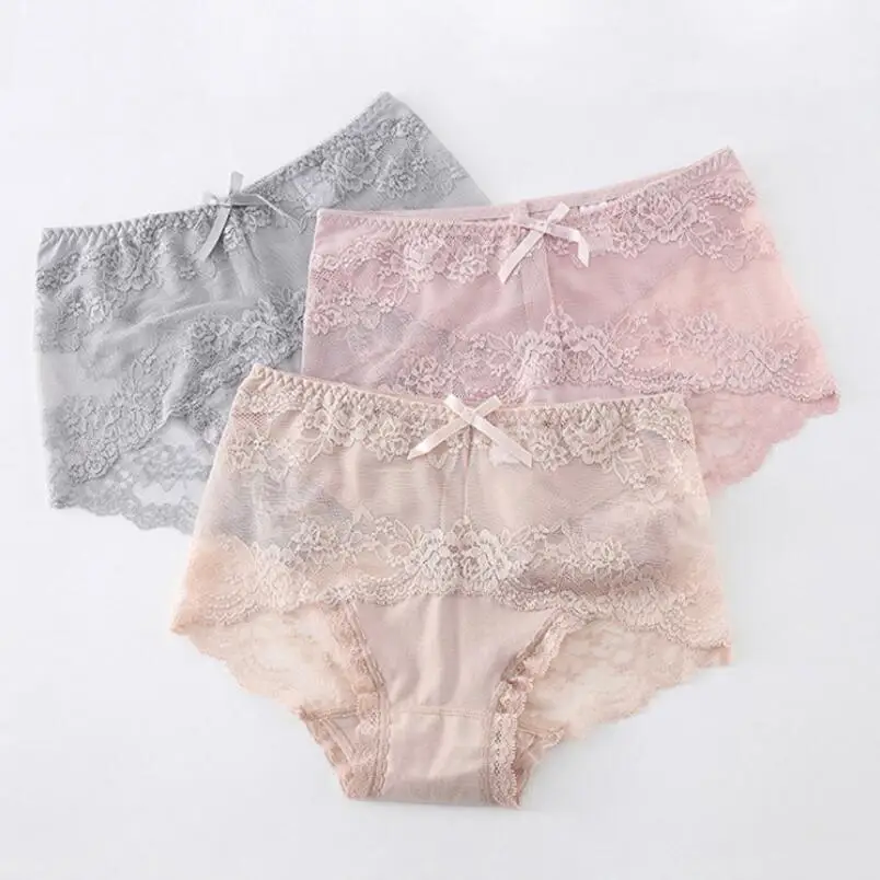 Women Underwear Big Size High Waist Sexy Lace Briefs Female Modal Intimates Breathable Comfortable Panties Black Gray Pink Color