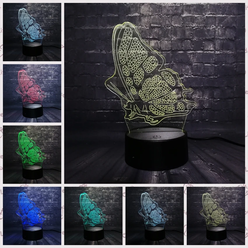 Новый 2018 3D светодио дный ночное освещение в доме украшения бабочка стол настольные лампы Спальня сна 7 цветов изменить малыш
