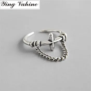 

ying Vahine Cross Ring Female 925 Sterling Silver Cross with Chain Tassel Pendant Open Rings for Women anillo