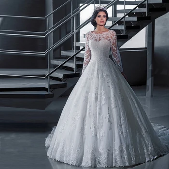 2016 Luxury Vintage Long Sleeves Wedding Dresses Ball Gown Princess Long White Tulle Appliques Bridal Gowns Robe De Mariage LK99
