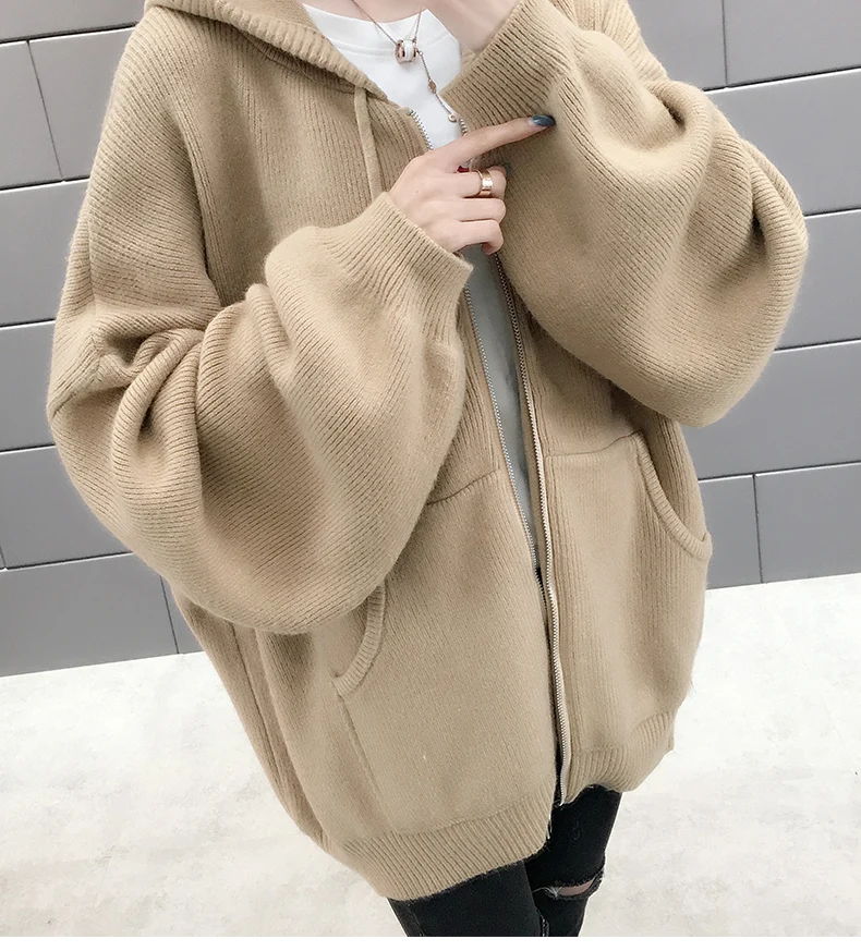Весна осень Женская Новая мода дикий свитер пальто леди Корейская версия Твердые свободные тонкие с капюшоном на молнии вязаный кардиган пальто