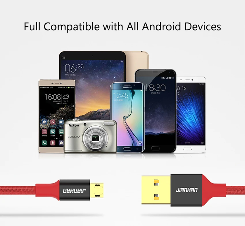 Кабель Micro USB JIANHAN 1 м 2 двусторонний для Xiaomi Redmi Note быстрая зарядка мобильный