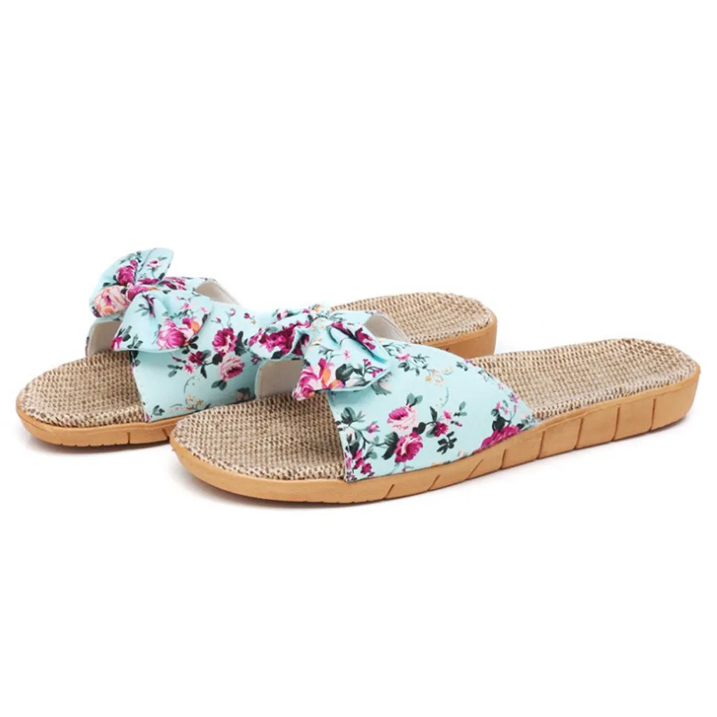 

SAGACE Women Female Bohemia Bowknot Flax Linen Flip Flops Beach Shoes Sandals Slipper Hemp Print Butterfly-knot Slipper July 2