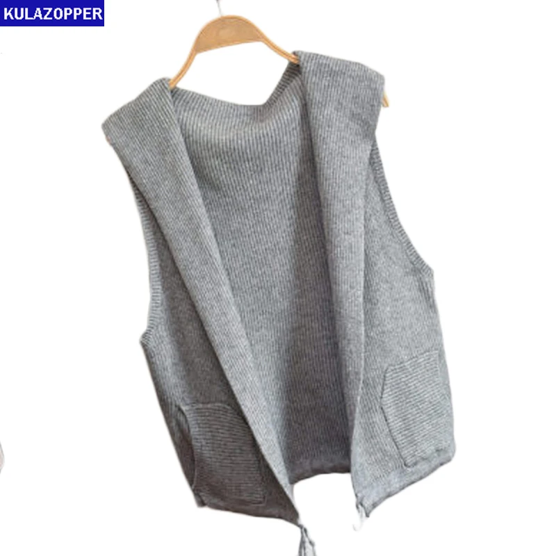 

2019 Spring Autumn Wool Sweater Vest Women Sleeveless Hooded Knitted Vest Female casual tank tops Cardigan loose Outerwear WL051