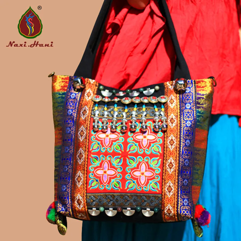 Newest Ethnic embroidery canvas women bags handmade beaded rivet