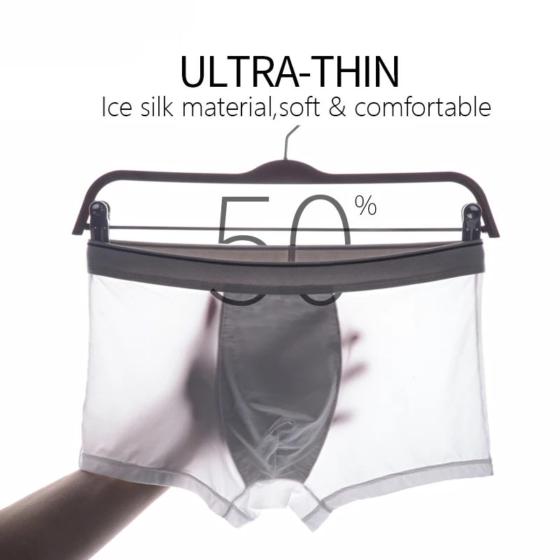 

J-BOX Plus Size Men Sexy Ice Silk Boxer Male Soft Seamless Boxershorts Transparent Underwear Shorts Cuecas Gay See Through