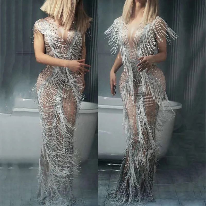 

White Fringes Rhinestones Long Dress Women'S Birthday Celebrate Tassels Dresses Evening Wear Female Singer Stage Dancewear DT833