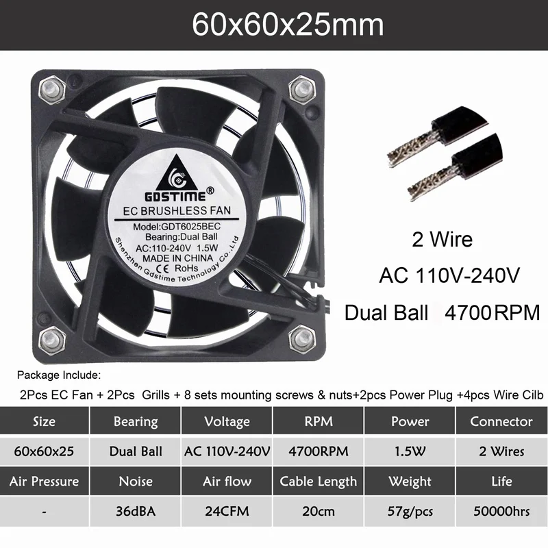 2 шт Gdstime EC бесщеточный вентилятор осевой вентилятор 60 мм 80 мм 90 мм 120 мм PC Cooler AC 110 в 115 в 120 в 220 в 230 в 240 В в EC вентилятор чехол для компьютера - Цвет лезвия: 2pcs  6025 Dual Ball