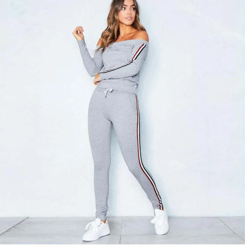 2018 Autumn Tracksuit Women 2 Piece Set Top And Pants Strapless Fitness