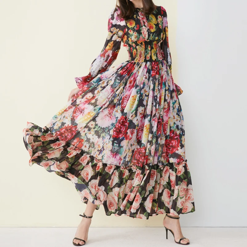 Hoge kwaliteit 2019 nieuwe mode Maxi jurk vrouwen Lange Mouw Verbazingwekkende Gedrukt Taille Elastische vintage Beach Chiffon lange Jurk Hoge kwaliteit 2019 nieuwe mode Maxi jurk vrouwen Lange Mouw Verbazingwekkende Gedrukt Taille Elastische vintage Beach Chiffon lange Jurk