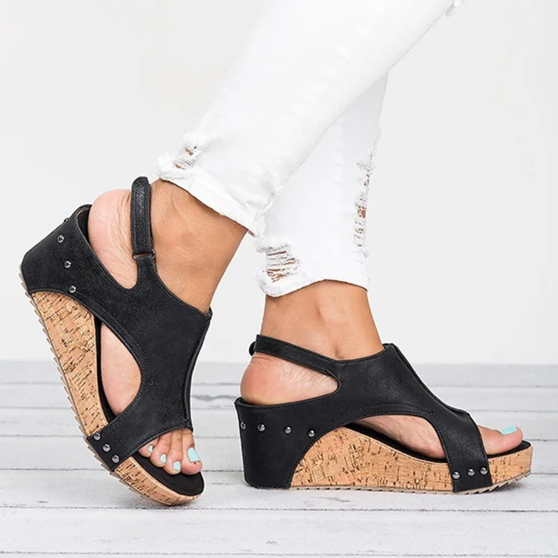 

Women Comfortable vintage wedge sandals for 2019 summer Women Wedges sandals Fish mouth sandals 7cm High casual shoes women