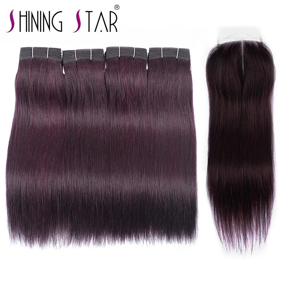 

Dark Purple Brazilian Hair Weave 4 Bundles With Closure Straight Human Hair Purple Red Bundles With Closure NoRemy Shining Star
