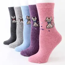 Носки с мультяшным котом женские шерстяные теплые Утолщенные цветные женские носки в горошек креативные зимние толстые шерстяные носки