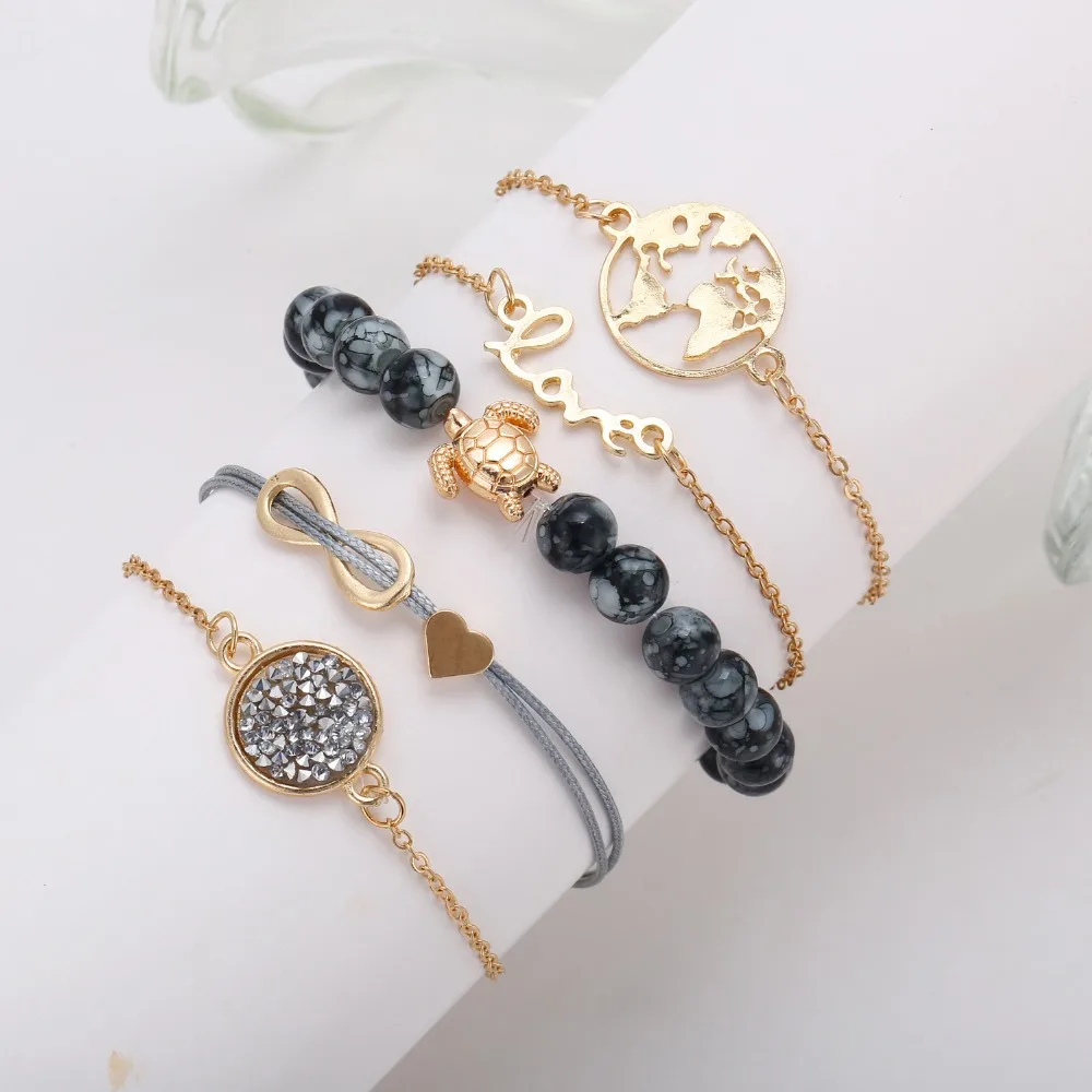 

Golden tortoise Charm Bracelet with retro style, a new design of women's Heart Stone Beads Bracelet Bracelet Set Five-piece Set