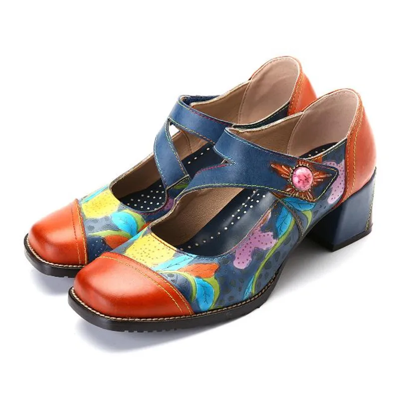 Cuir Chunky Mixed Mary De Mode Color En Fleur Talons Nouvelle Jane Femmes Buonoscarpe Patchwork Couleur Pompes Fretwork Chaussures Main qgx6WFqt