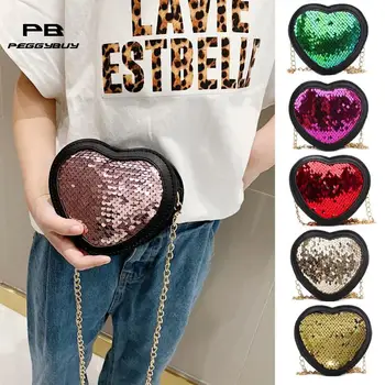 

Sequins Love Heart Shaped Shoulder Messenger Handbags Casual Kids Girls Chain PU Leather Crossbody Bags for women 2019 purse