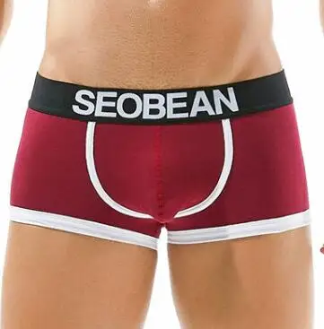 New SEOBEAN men's boxer cotton underwear boxers men sexy U convex corners in low-waist cotton boxer 2 colors S M L XL - Color: Burgundy