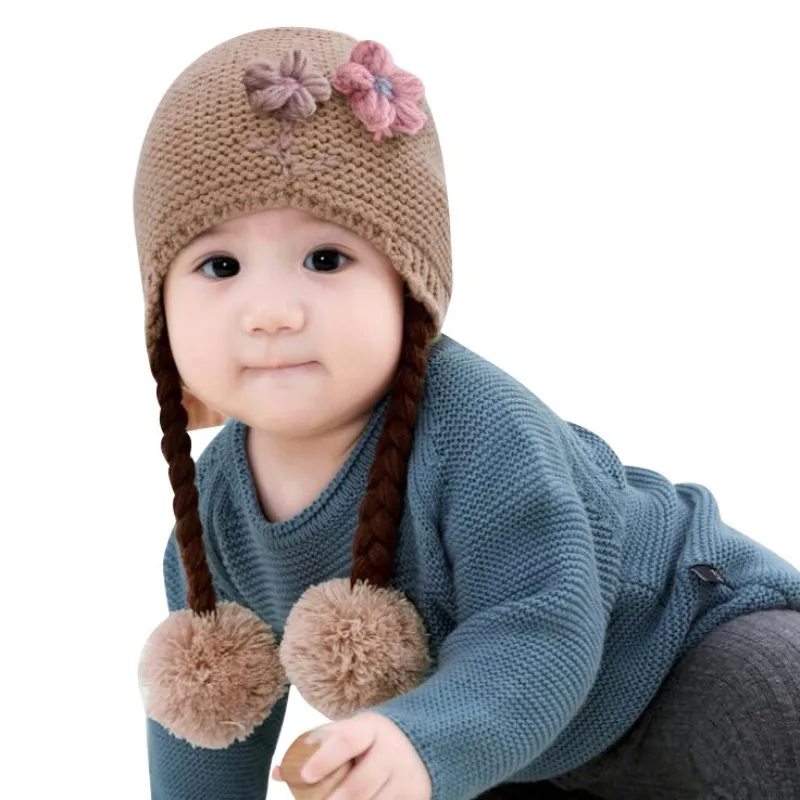 Newborn Baby Toddler Knit Hat Flower Baby Cap Infant Girls Bonnet Cute Hats Soft Cotton Newborn Baby Photo Props 6-24M - Цвет: Коричневый