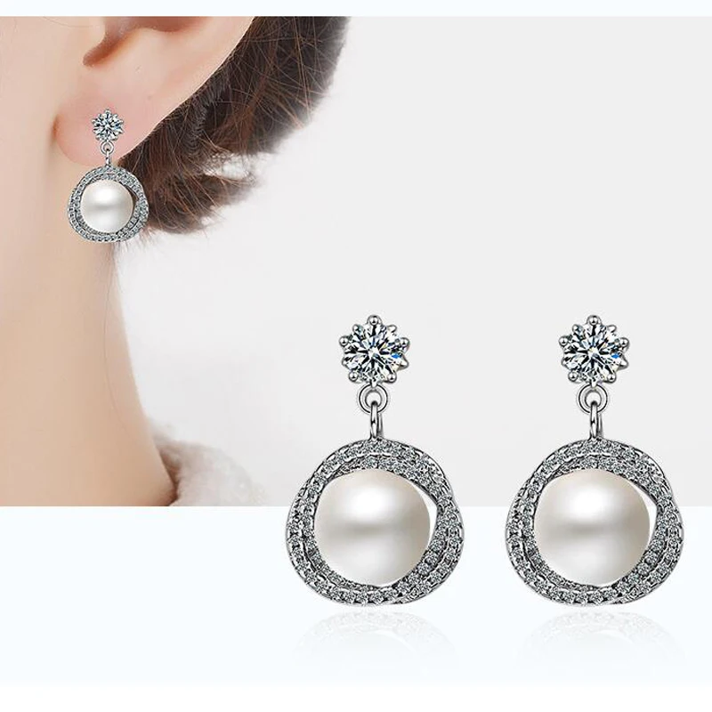 

Female Whiter Red Pearls Drop Earrings Silver/Rose Gold Wedding Statement Earrings Jewelry Cubic Zircon Earrings Women