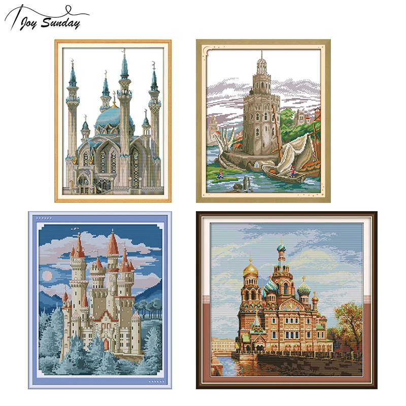 

Joy Sunday Blue Castle Cross Stitch Landscape Patterns Aida Fabric DMC Printed Canvas Embroidery Kit Cross Stitching Needles Set