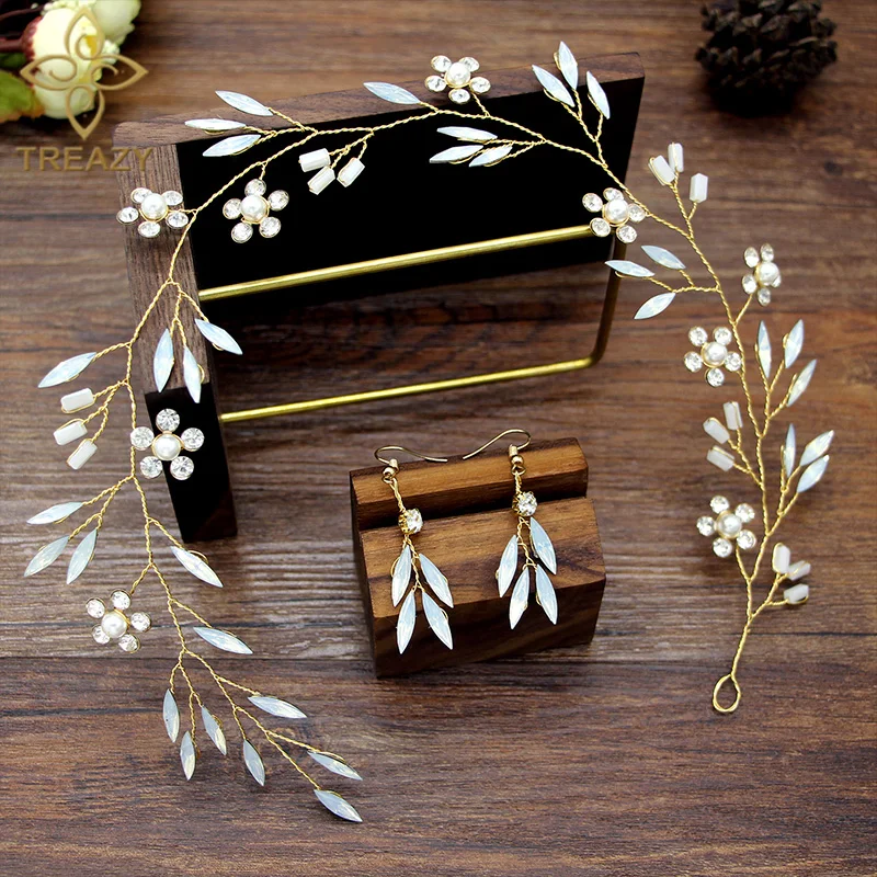 

TREAZY Romantic Wedding Hair Accessories Leaves Flower Headband with Earrings Handmade Bridal Hair Jewelry Women Headpiece Gift
