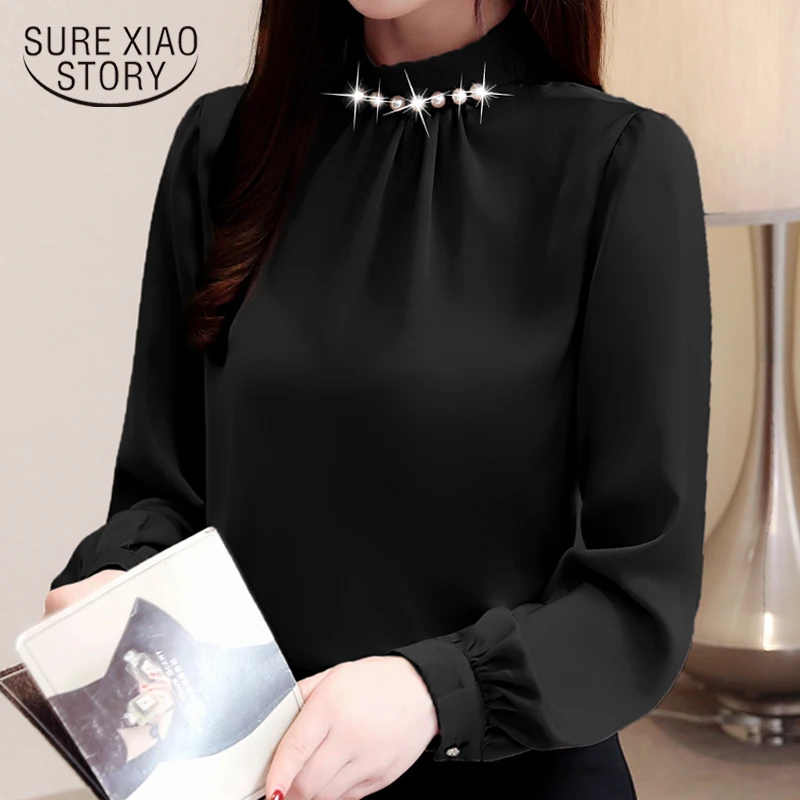 

Fashion women blouses 2019 chiffon blouse shirt long sleeve women shirts beading stand collar office blouse women tops 2553 50