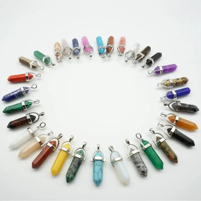 

Hexagon Prism Natural Stone Pendant Bullet Shape Point Chakra Healing Crystal Charms Jewelry Fit for DIY Necklace Earrings