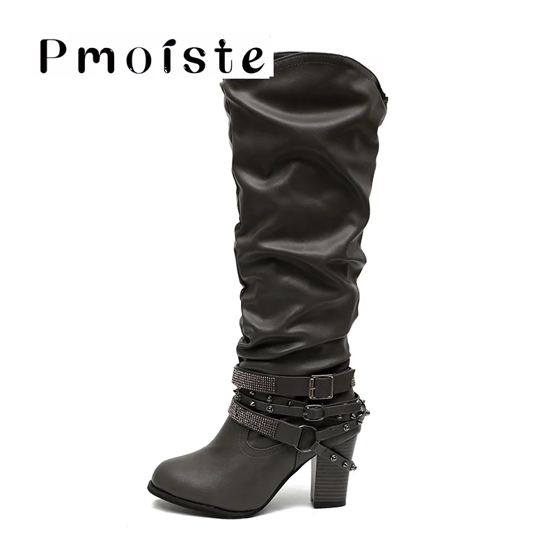 Осенние ботинки для женщин, ботинки до середины икры с заклепками и кристаллами Нескользящие кожаные ботинки на высоком каблуке размера плюс 9-10,5 женская мода - Цвет: Dark gray