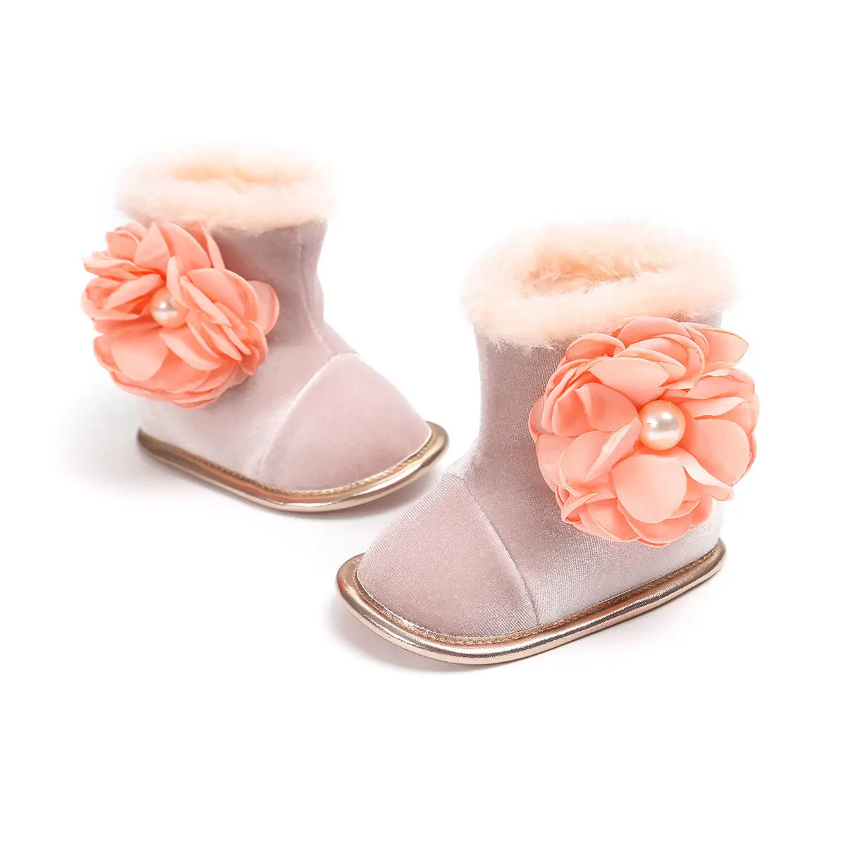 Зимняя детская обувь новорожденного Дети девочек противоскользящие зимние сапоги малышей теплая мягкая подошва кроватки обувь принцессы цветок детская обувь - Цвет: Розовый