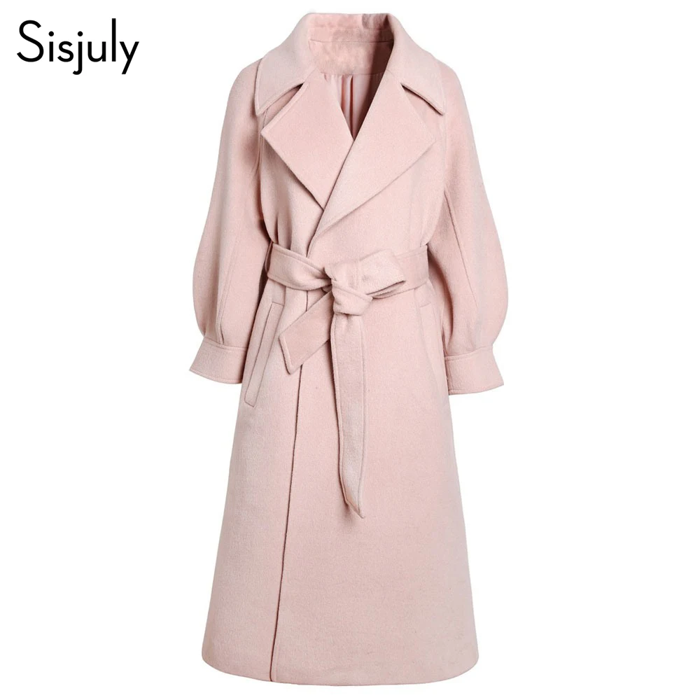 

Sisjuly Women Woolen Coat Solid Color Lantern Sleeve Belt Lapel Overcoat Winter Long Pink Pocket Female Warm Windproof Overcoats
